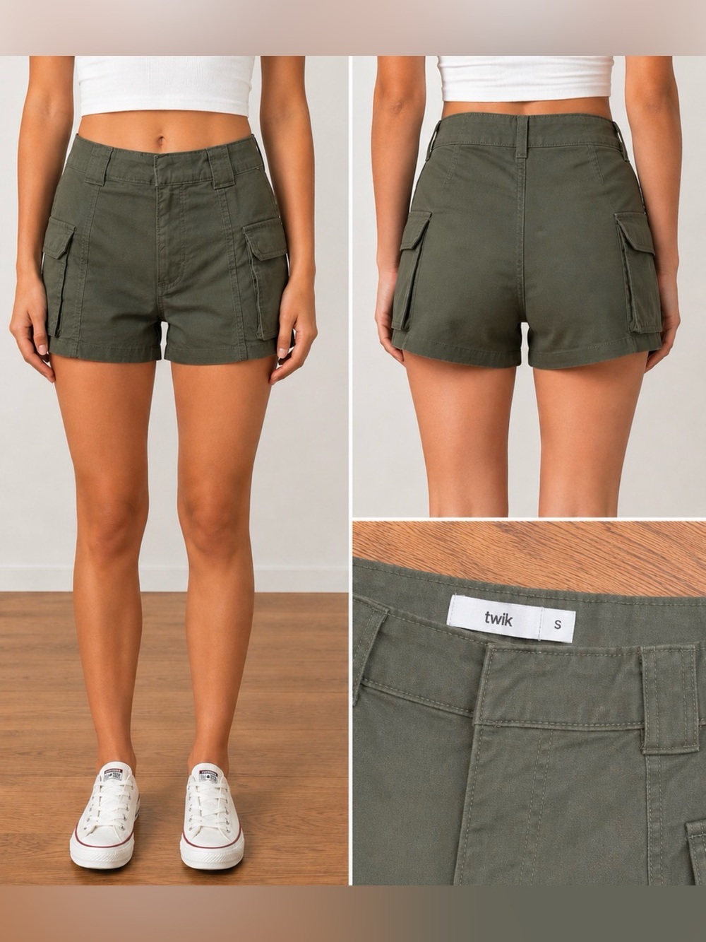 twik Olive Utility Cargo Shorts in Army Green